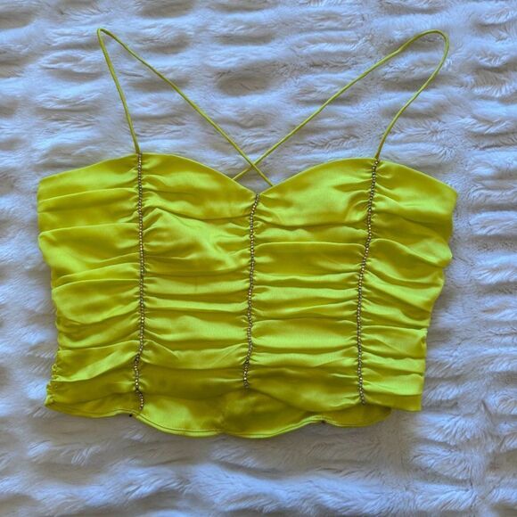 For Love and Lemons Yellow Satin Corset Ruched Crop Top with Rhinestones - Picture 6 of 13